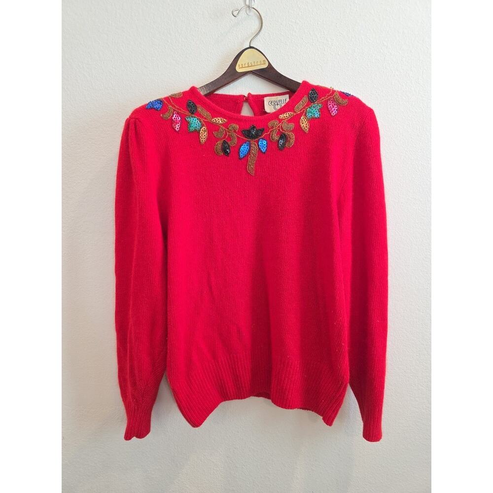 VTG RARE 80s Cervelle Christmas Red Beaded Sequin Sweater Women Sz L Silk Blend